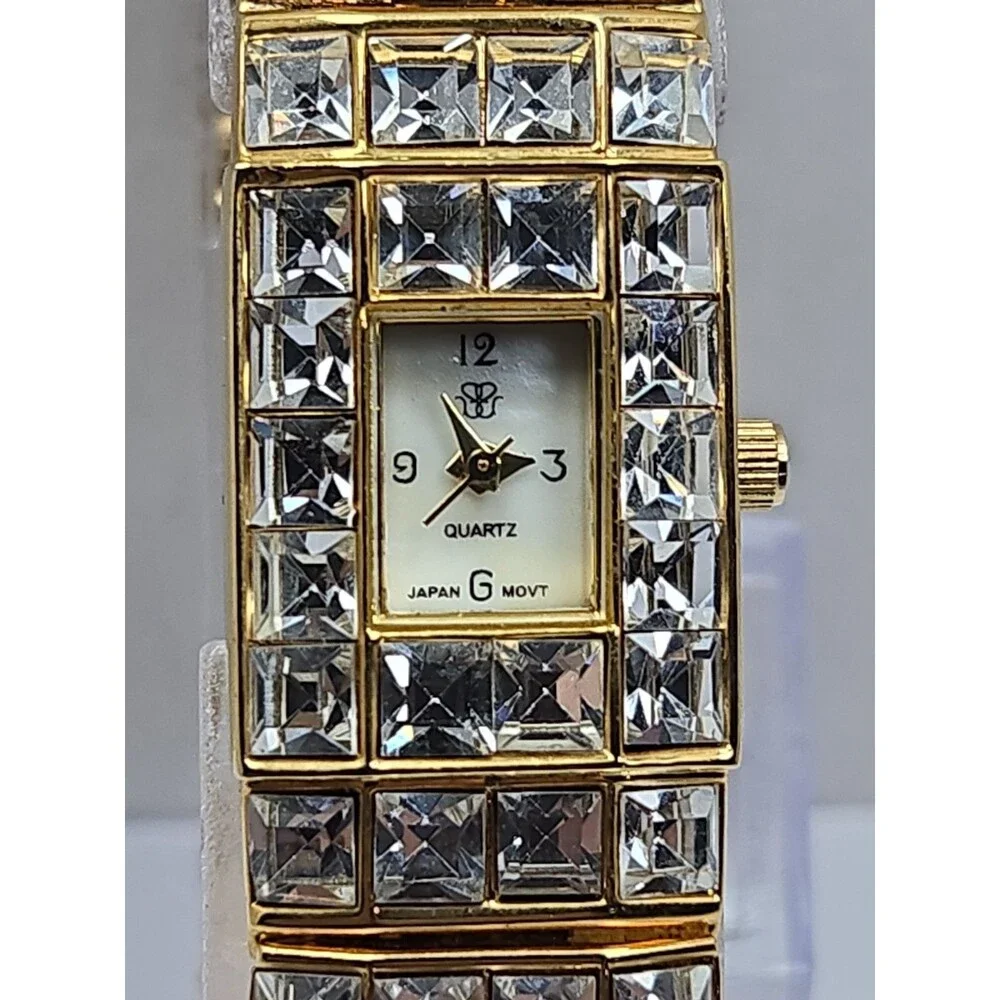 Vintage Suzanne Somers Gold Tone Rhinestone Bracelet Tank MOP Watch New Battery